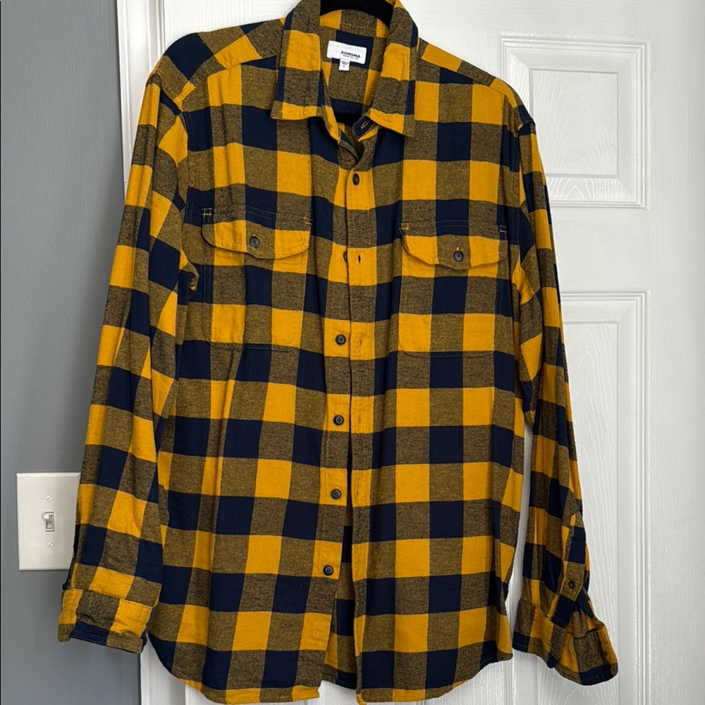 Yellow and Blue Plaid Button-Up Shirt